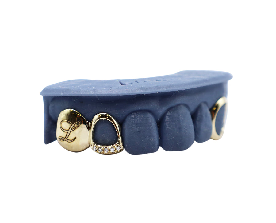 Diamond Tip Open Face Grillz w Engraved Tooth and Open Face Fang