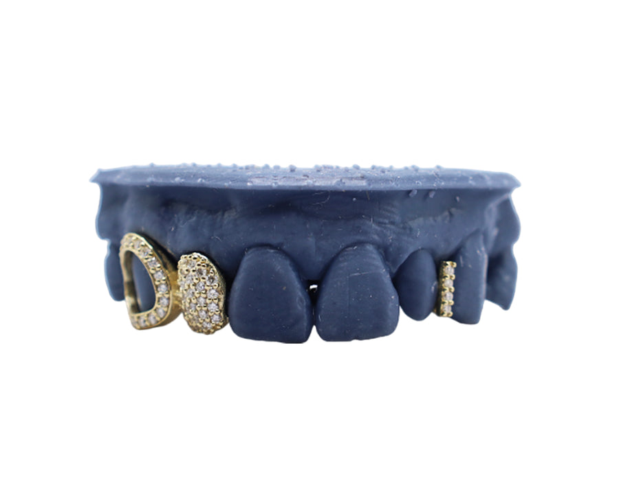 Open Face Diamond Fang Grillz, Full Diamond Tooth and Diamond Gap Filler Combo