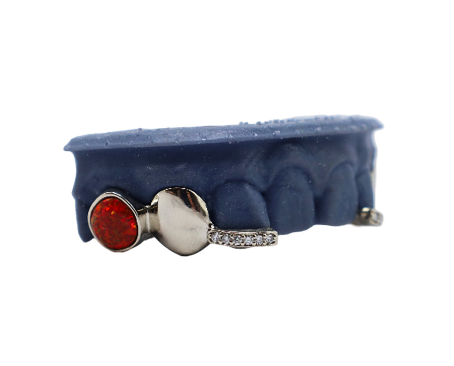 Opal Molar Grillz w Solid Fangs and Floating Diamond Tip