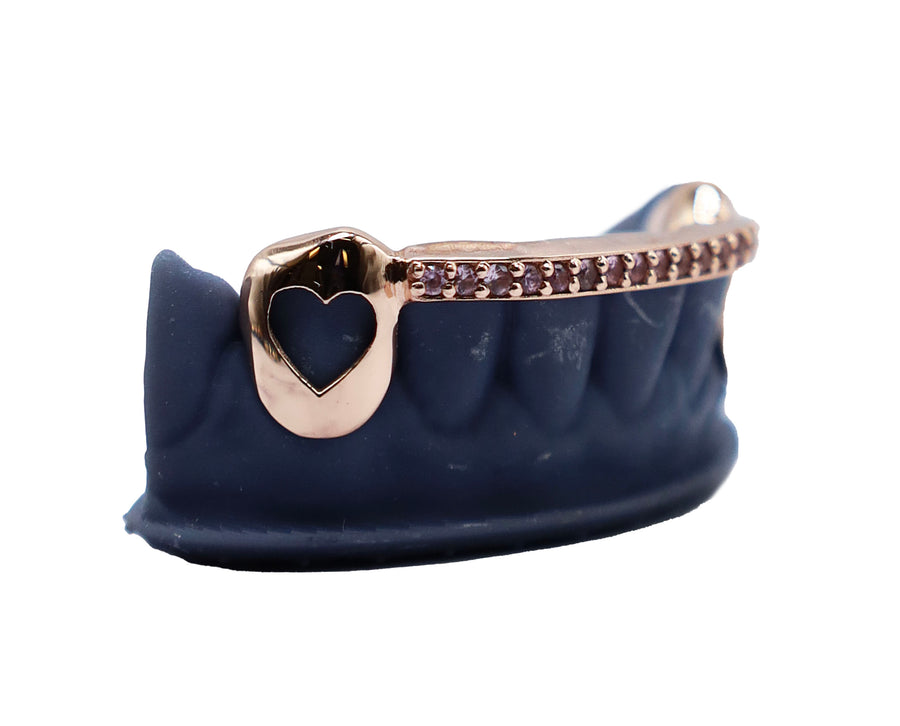 Hot Pink Sapphire Bridge Grillz w Heart Cut Out Fangs