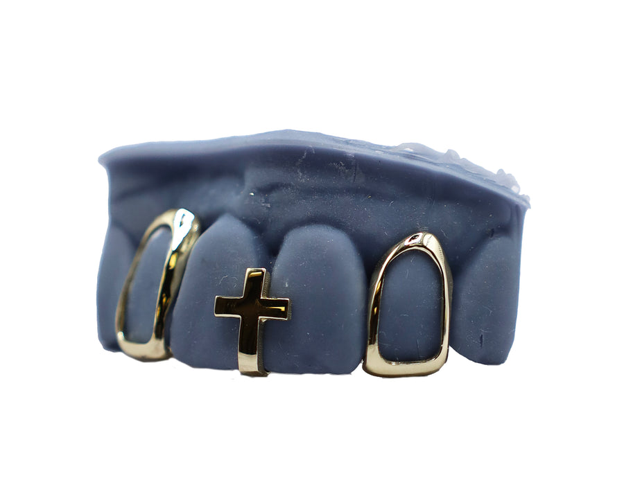 Cross Gap Filler Grillz w Two Open Face Teeth